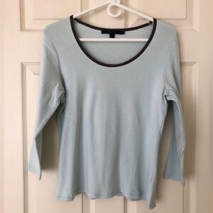 Boden 3/4 Sleeve Cotton Knit Shirt Pale Blue with Brown Trim Size UK16/US12